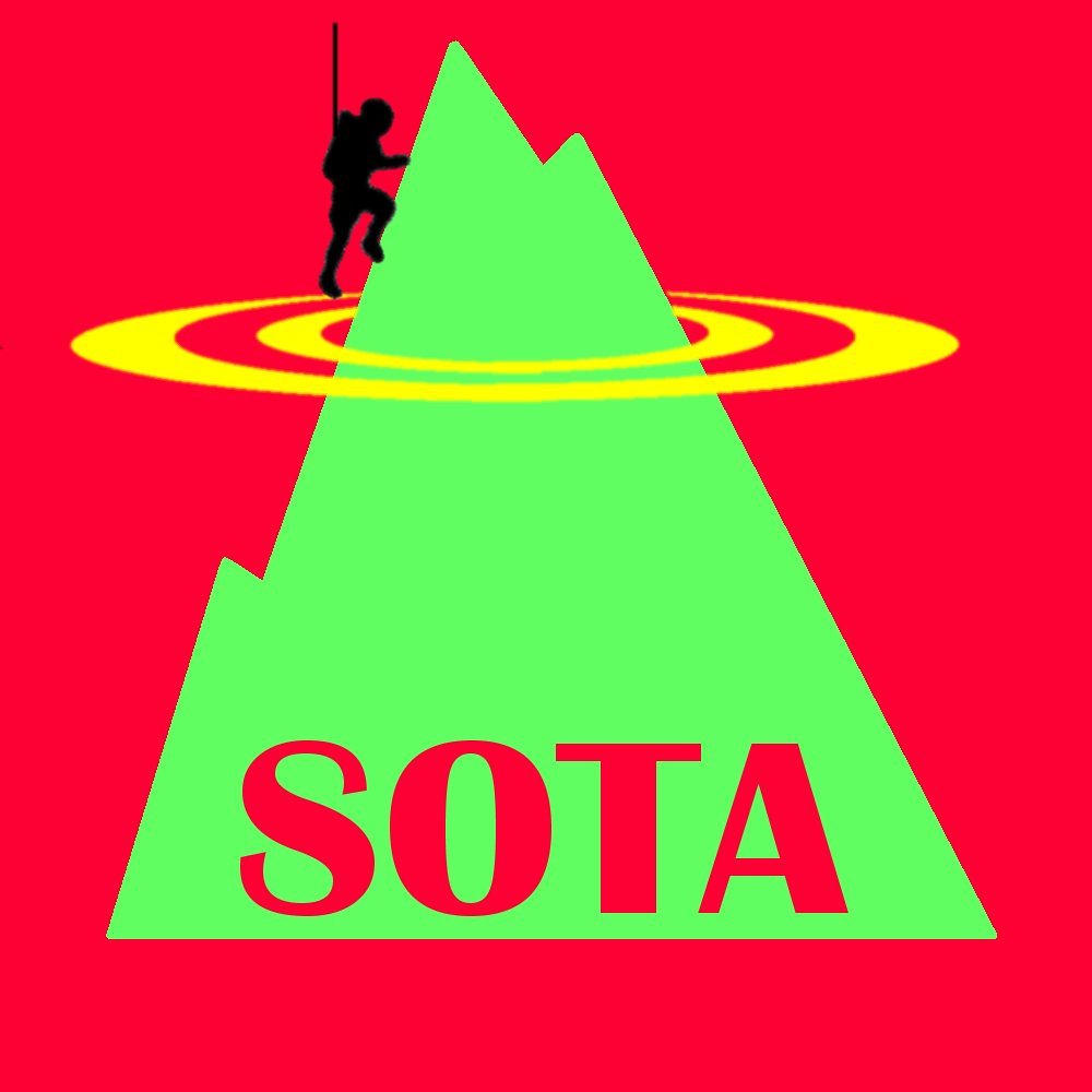 SOTA Logo: A summit with symbolized radio waves around and a climber with an antenna