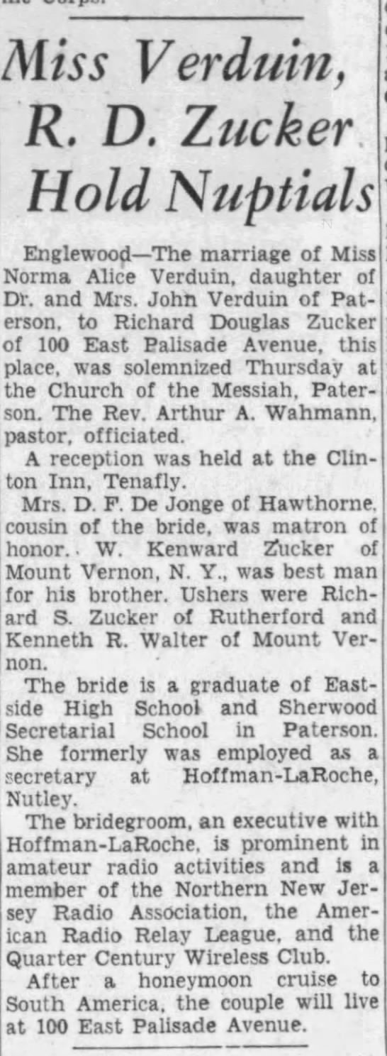 Miss Verduin, R. D. Zucker Hold Nuptials; Bergen Record, February 23, 1953 Miss Verduin, R. D. Zucker Hold Nuptials; Bergen Record, February 23, 1953